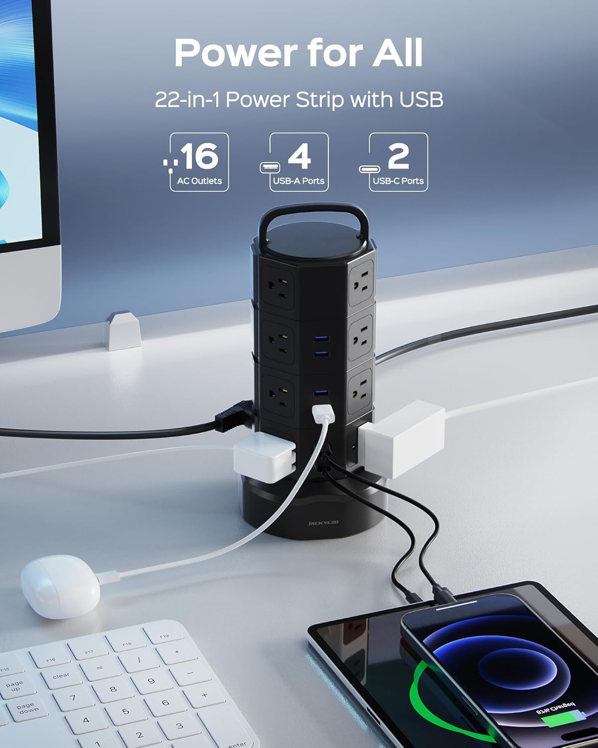 Power Strip Tower Surge Protector,  16 Outlets 6 USB (2 USB C) Charging Station, Extension Cord with Multiple Outlets, 1050J 1625W/13A Outlet Extender 6.5Ft Extension Cord for Home Office