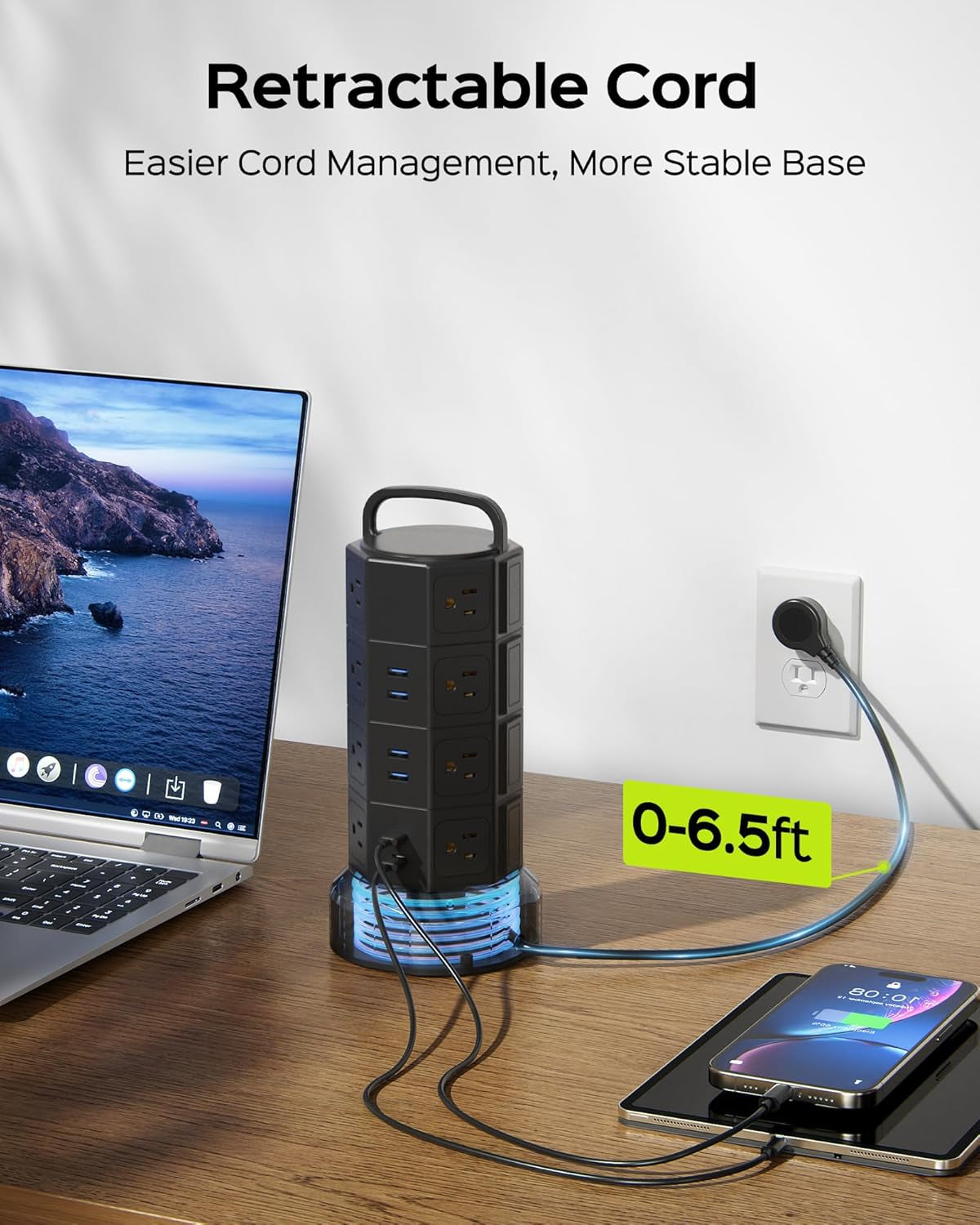 Power Strip Tower Surge Protector,  16 Outlets 6 USB (2 USB C) Charging Station, Extension Cord with Multiple Outlets, 1050J 1625W/13A Outlet Extender 6.5Ft Extension Cord for Home Office