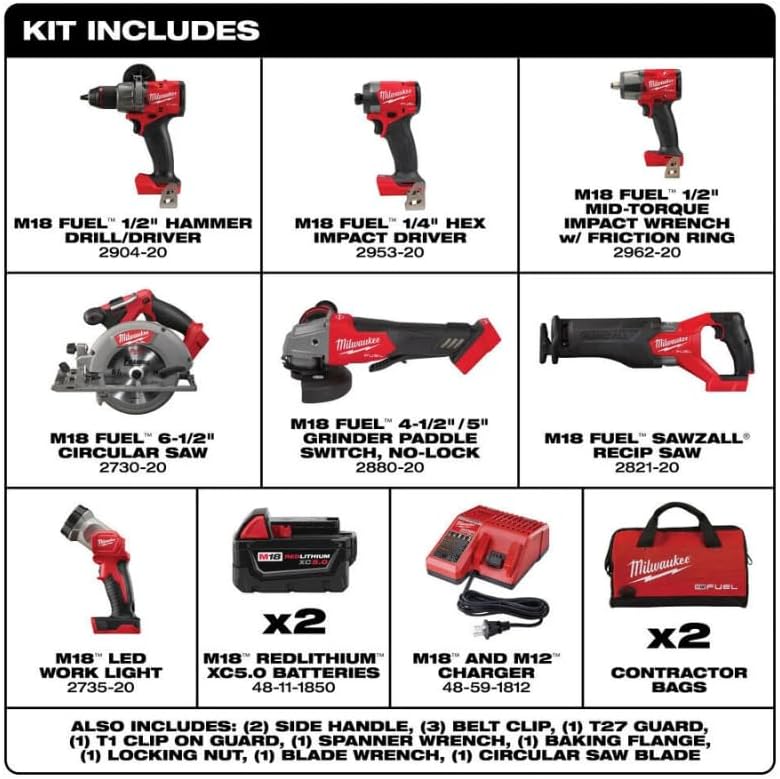 Milwaukee M18 FUEL 18-Volt Lithium-Ion Brushless Cordless Combo Kit with Two 5.0 Ah Batteries, 1 Charger, 2 Tool Bags (7-Tool)