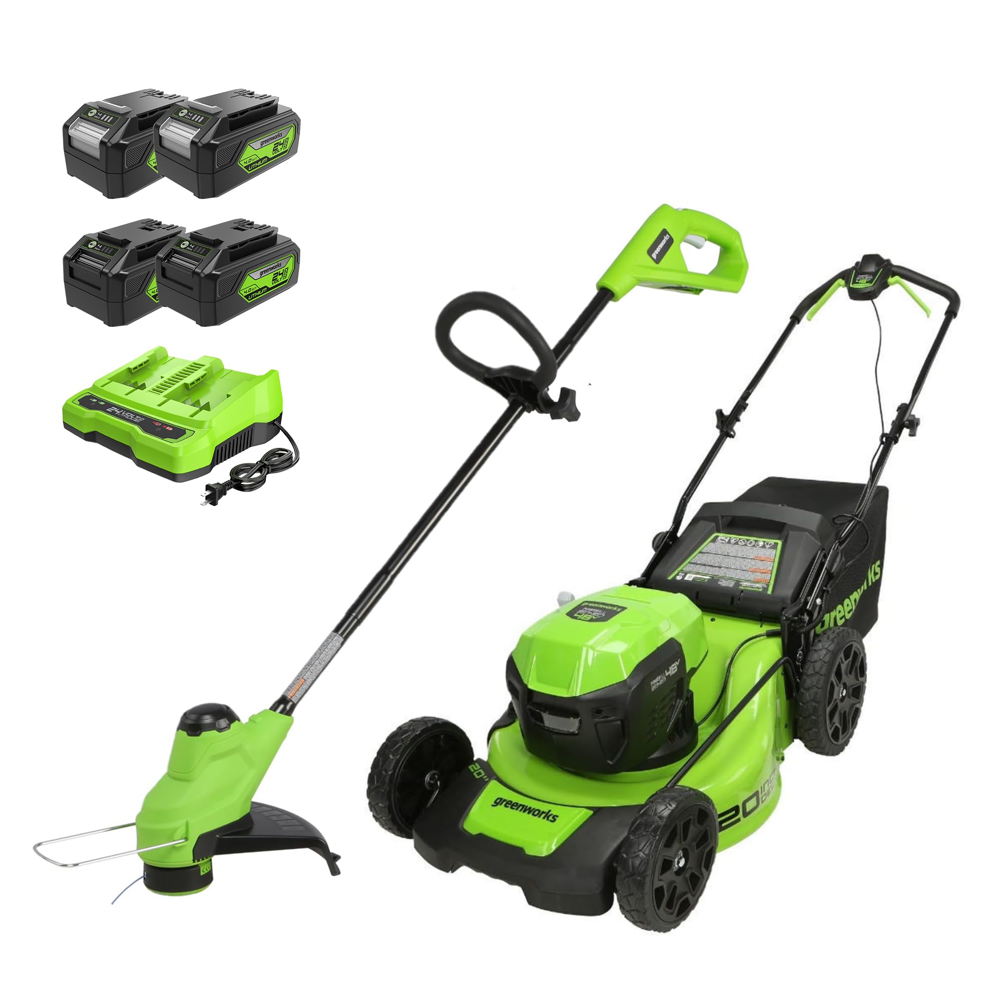 Greenworks 48V (2x24V) Electric Lawn Mower Combo Kit: 20"Steel Deck Push Mower, 12" String Trimmer, 320 CFM Blower, 3 Batteries & 2 Chargers, 3-Year Warranty.