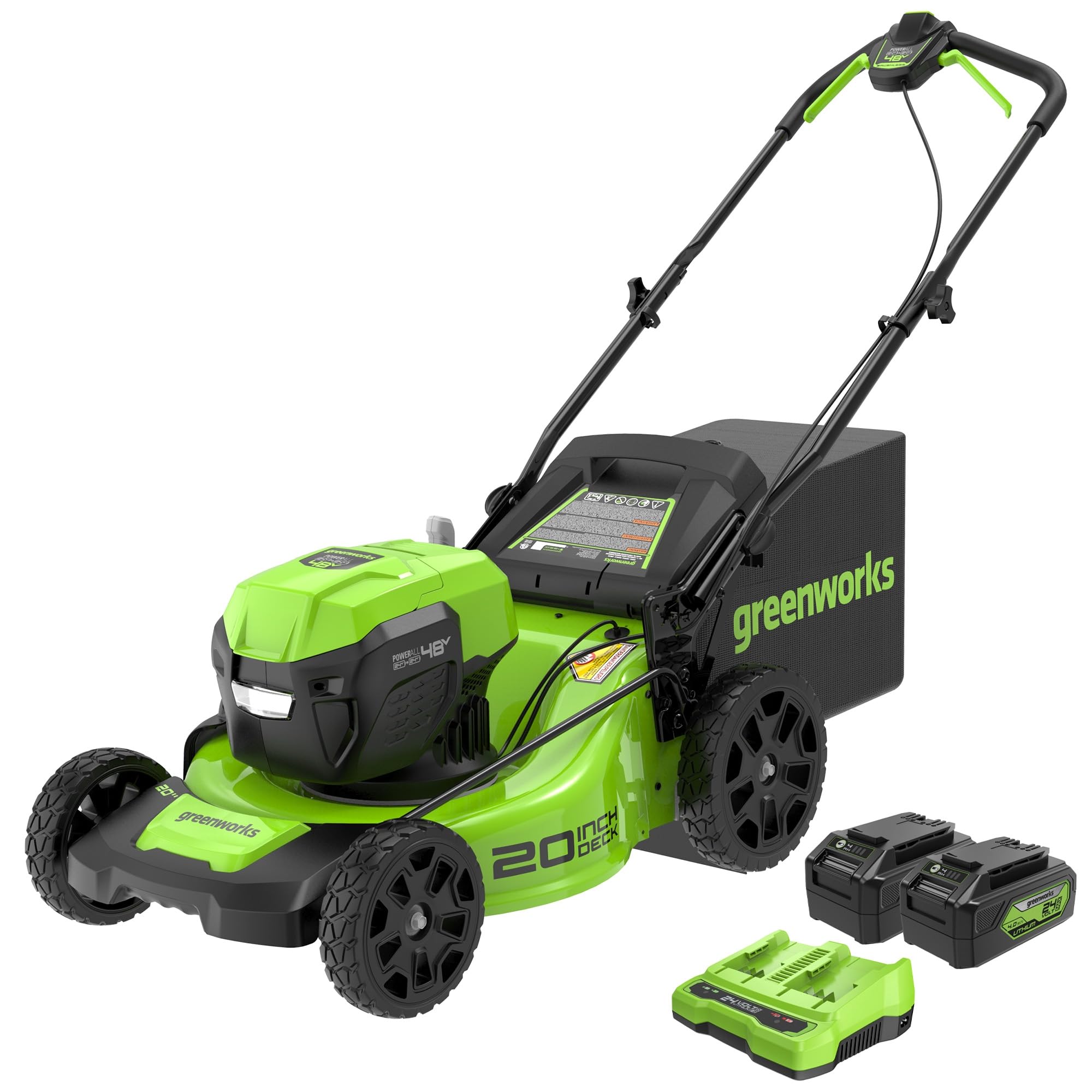 Greenworks 48V (2x24V) Electric Lawn Mower Combo Kit: 20"Steel Deck Push Mower, 12" String Trimmer, 320 CFM Blower, 3 Batteries & 2 Chargers, 3-Year Warranty.