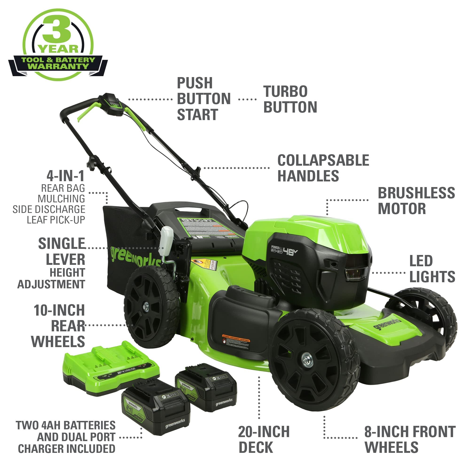 Greenworks 48V (2x24V) Electric Lawn Mower Combo Kit: 20"Steel Deck Push Mower, 12" String Trimmer, 320 CFM Blower, 3 Batteries & 2 Chargers, 3-Year Warranty.