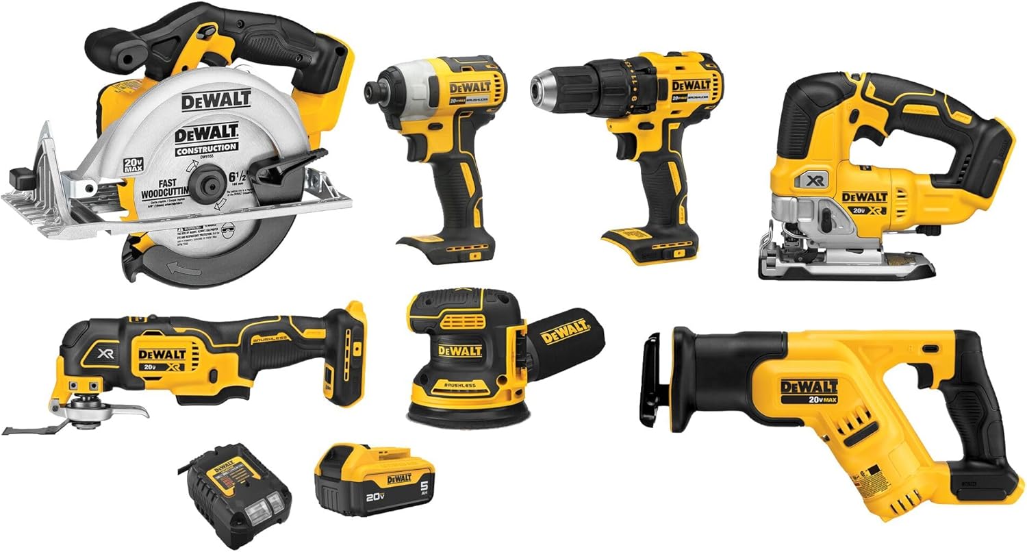 DEWALT 20V MAX 7-Tool Combo Kit, Includes Cordless Drill, Impact Driver, Reciprocating Saw, Circular Saw, Oscillating Tool, Random Orbital Sander, Jigsaw, 5Ah Battery and Charger (DCK751P1)