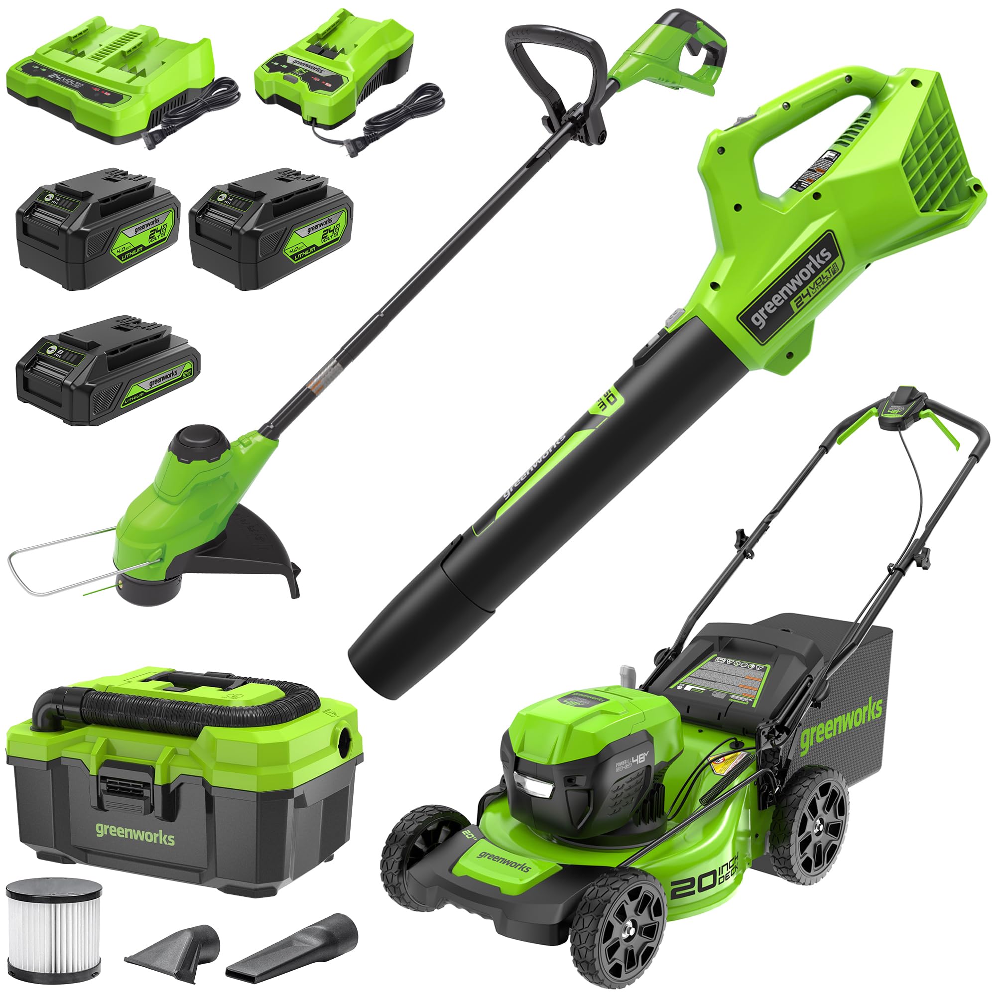 Greenworks 48V (2x24V) Electric Lawn Mower Combo Kit: 20"Steel Deck Push Mower, 12" String Trimmer, 320 CFM Blower, 3 Batteries & 2 Chargers, 3-Year Warranty.