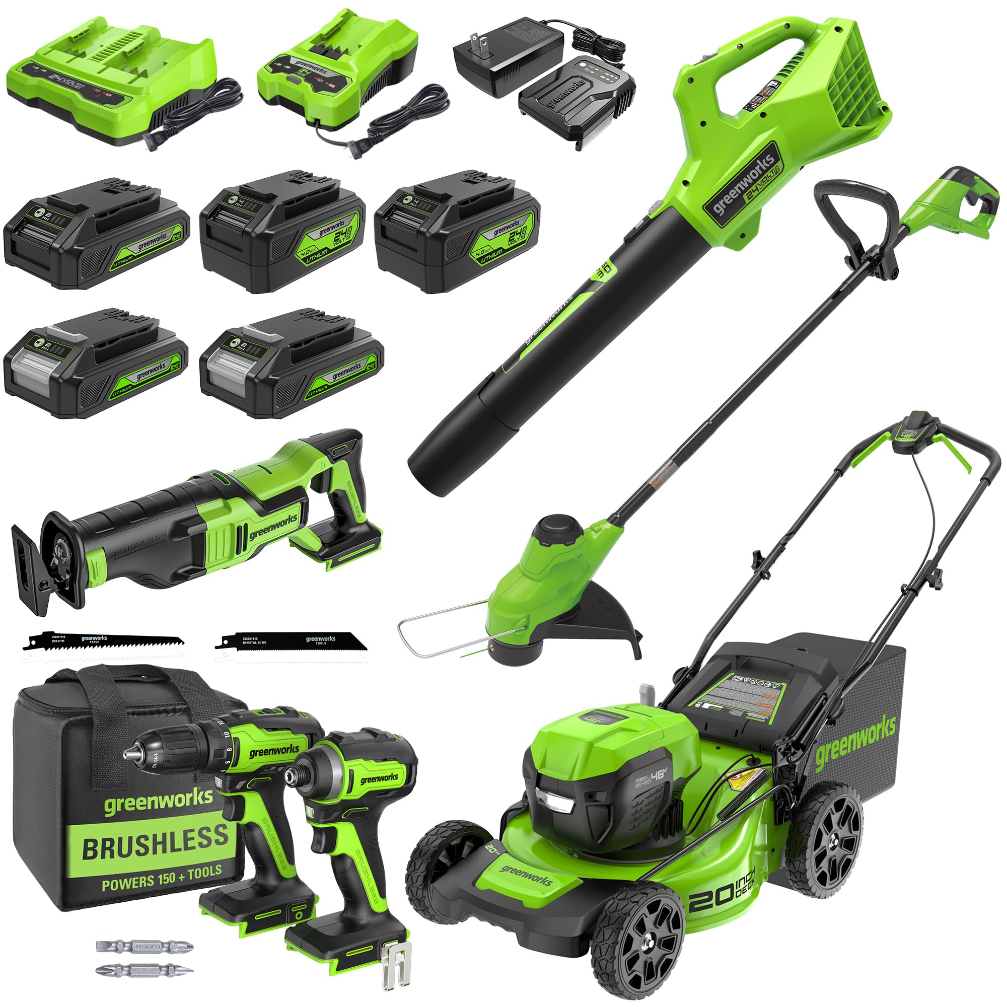 Greenworks 48V (2x24V) Electric Lawn Mower Combo Kit: 20"Steel Deck Push Mower, 12" String Trimmer, 320 CFM Blower, 3 Batteries & 2 Chargers, 3-Year Warranty.