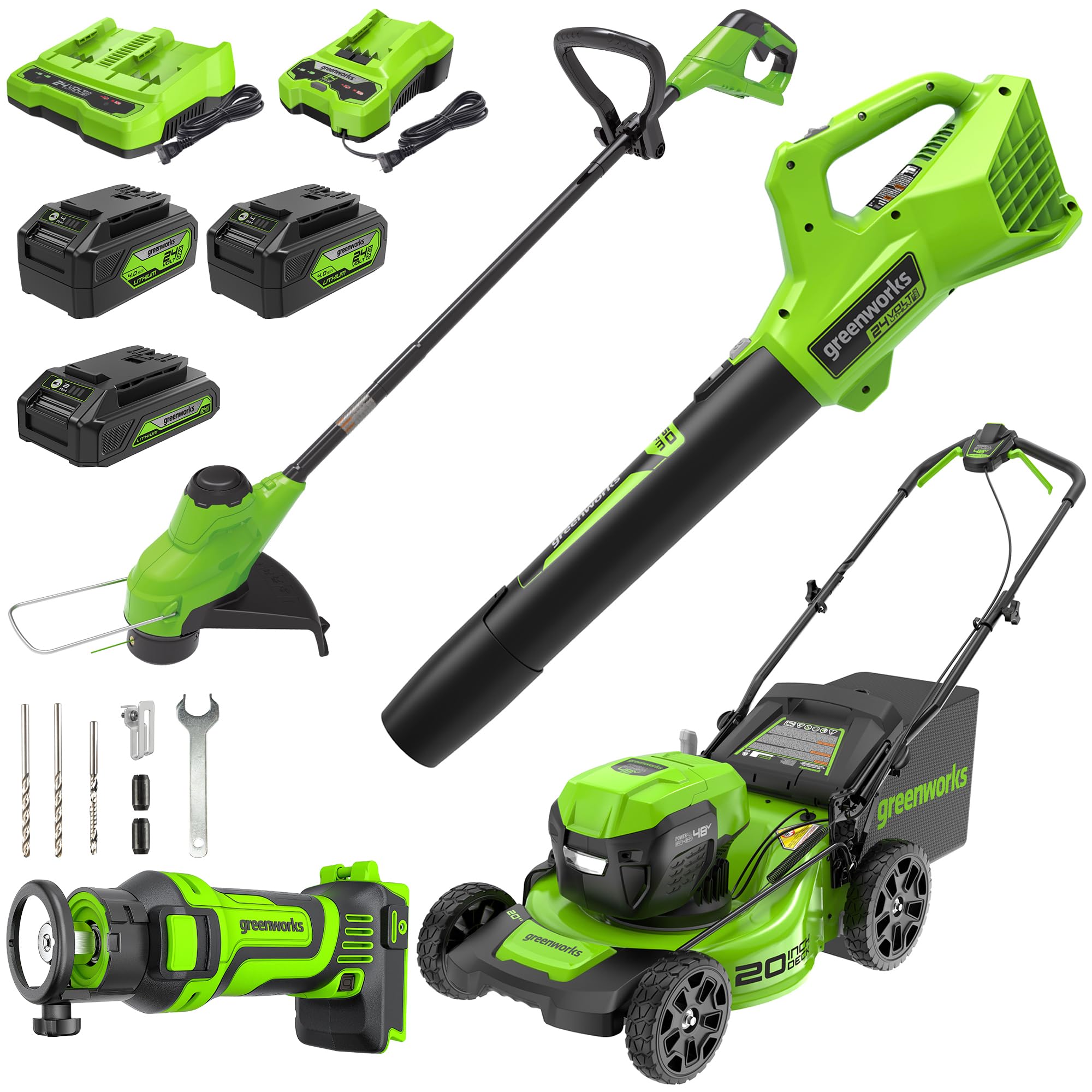 Greenworks 48V (2x24V) Electric Lawn Mower Combo Kit: 20"Steel Deck Push Mower, 12" String Trimmer, 320 CFM Blower, 3 Batteries & 2 Chargers, 3-Year Warranty.