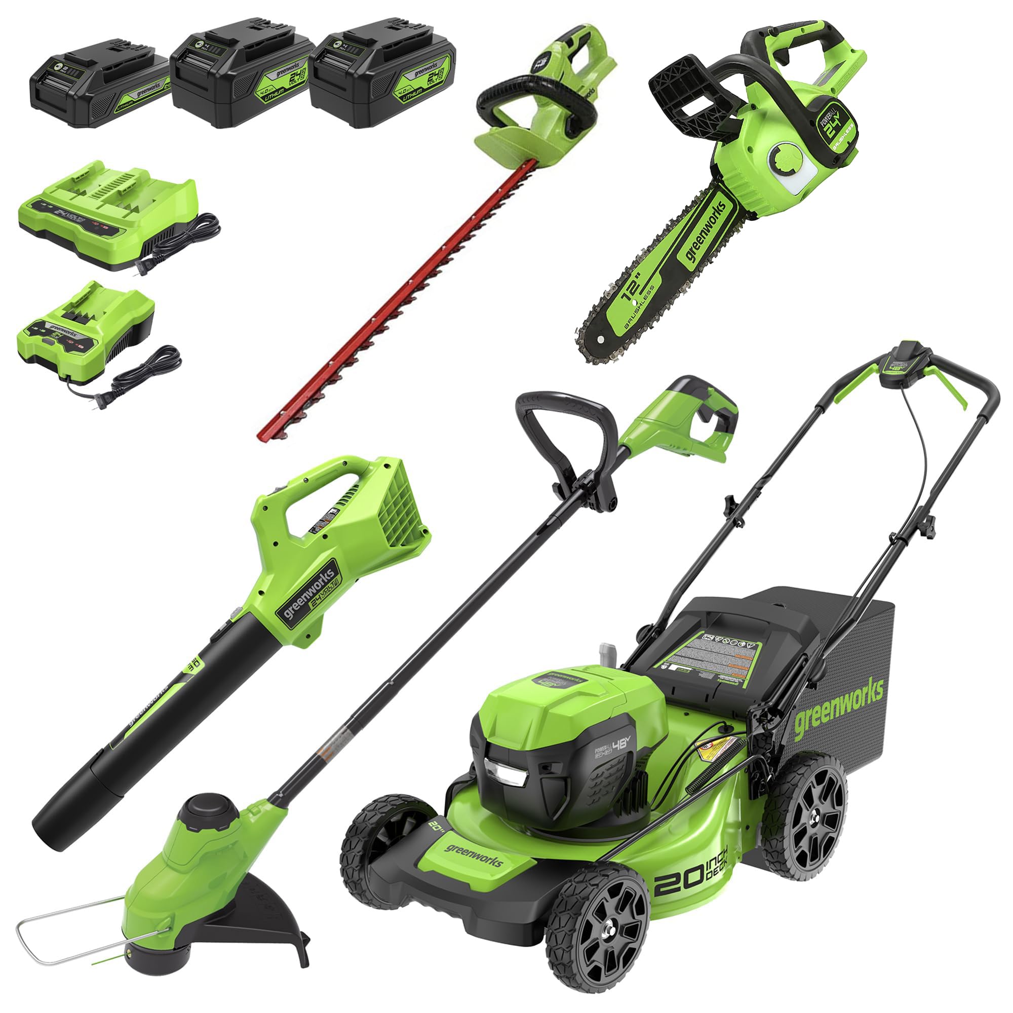 Greenworks 48V (2x24V) Electric Lawn Mower Combo Kit: 20"Steel Deck Push Mower, 12" String Trimmer, 320 CFM Blower, 3 Batteries & 2 Chargers, 3-Year Warranty.