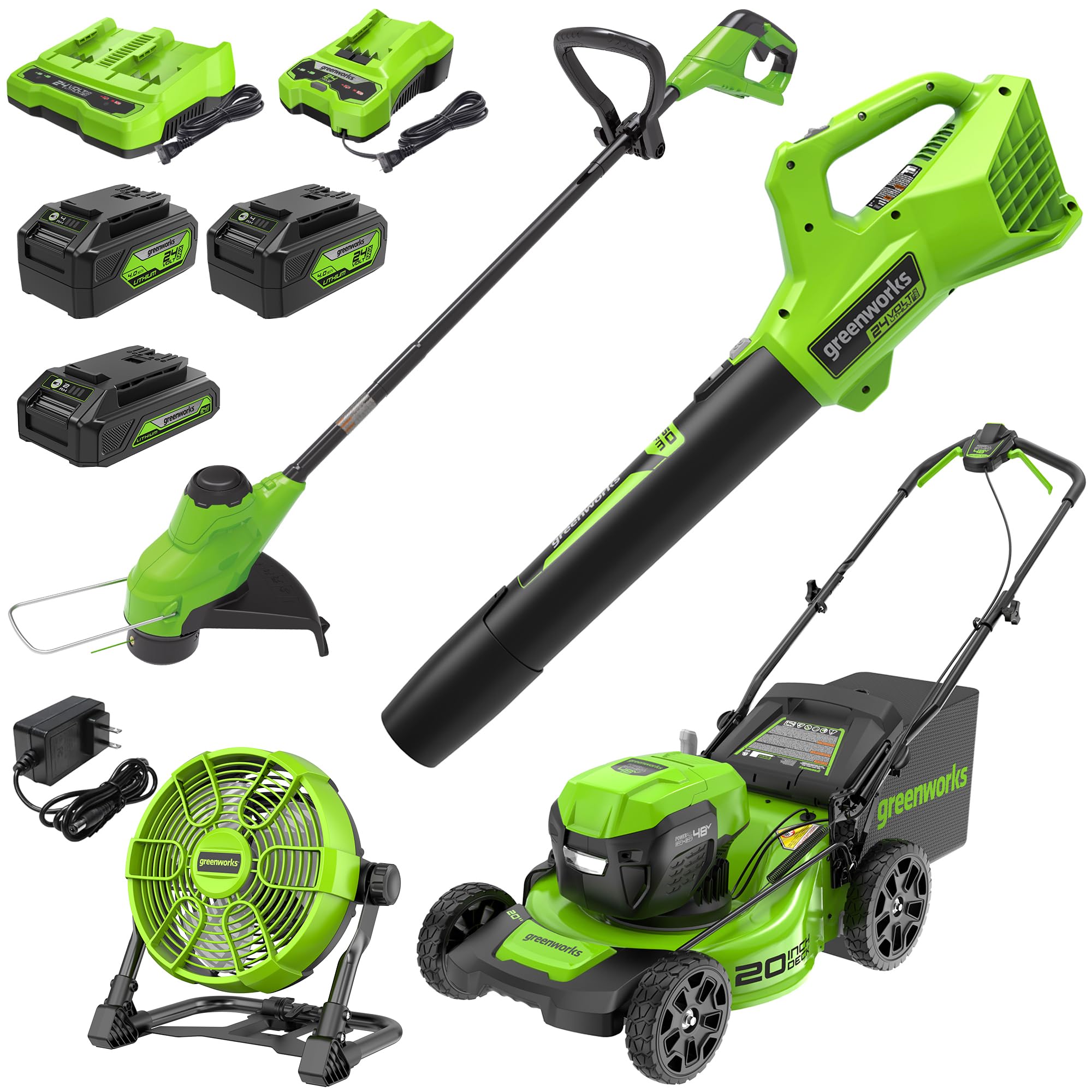 Greenworks 48V (2x24V) Electric Lawn Mower Combo Kit: 20"Steel Deck Push Mower, 12" String Trimmer, 320 CFM Blower, 3 Batteries & 2 Chargers, 3-Year Warranty.