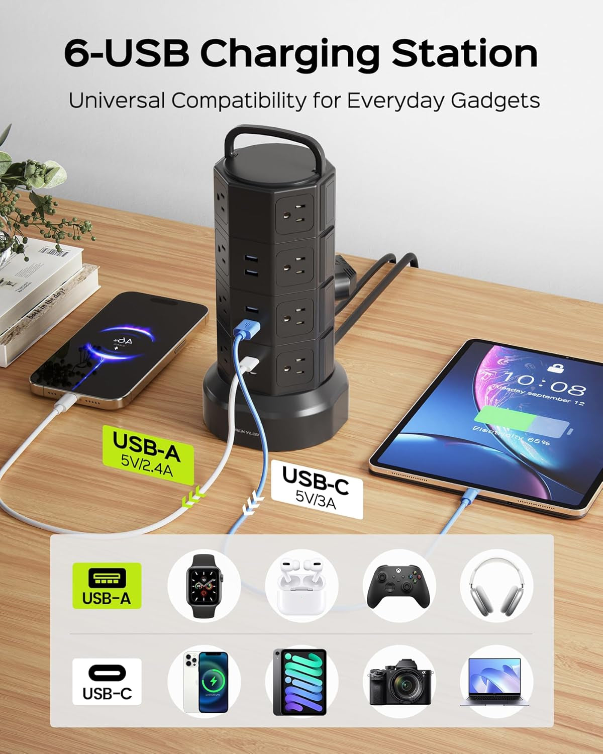 Power Strip Tower Surge Protector,  16 Outlets 6 USB (2 USB C) Charging Station, Extension Cord with Multiple Outlets, 1050J 1625W/13A Outlet Extender 6.5Ft Extension Cord for Home Office